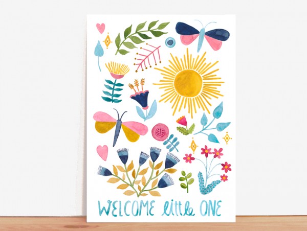  Postkarte "Welcome little one" (Schmetterlinge & Blumen) - Frau Ottilie