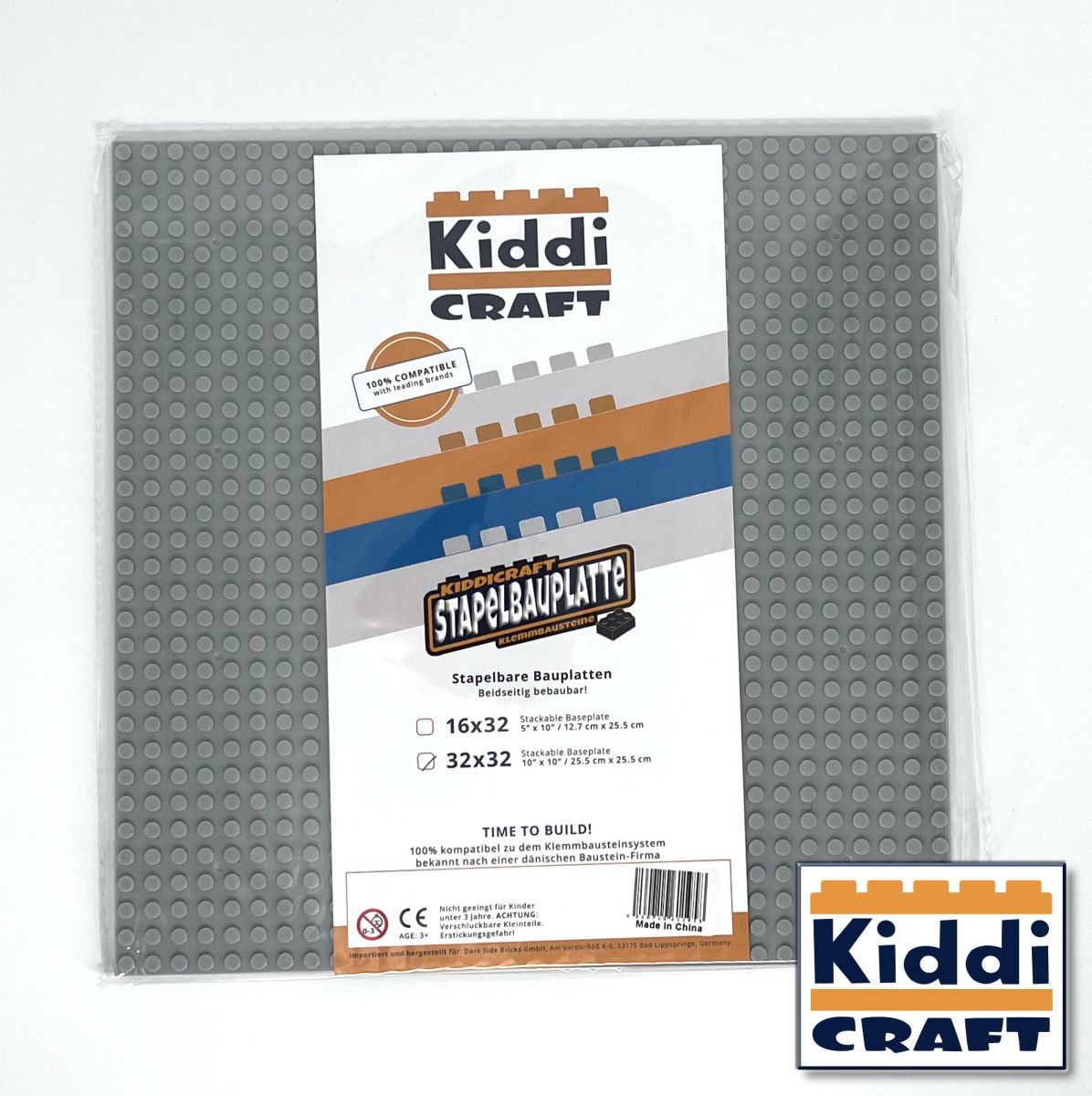 Stapelbare Bauplatte 32 x 32 Noppen hellgrau - Kiddicraft