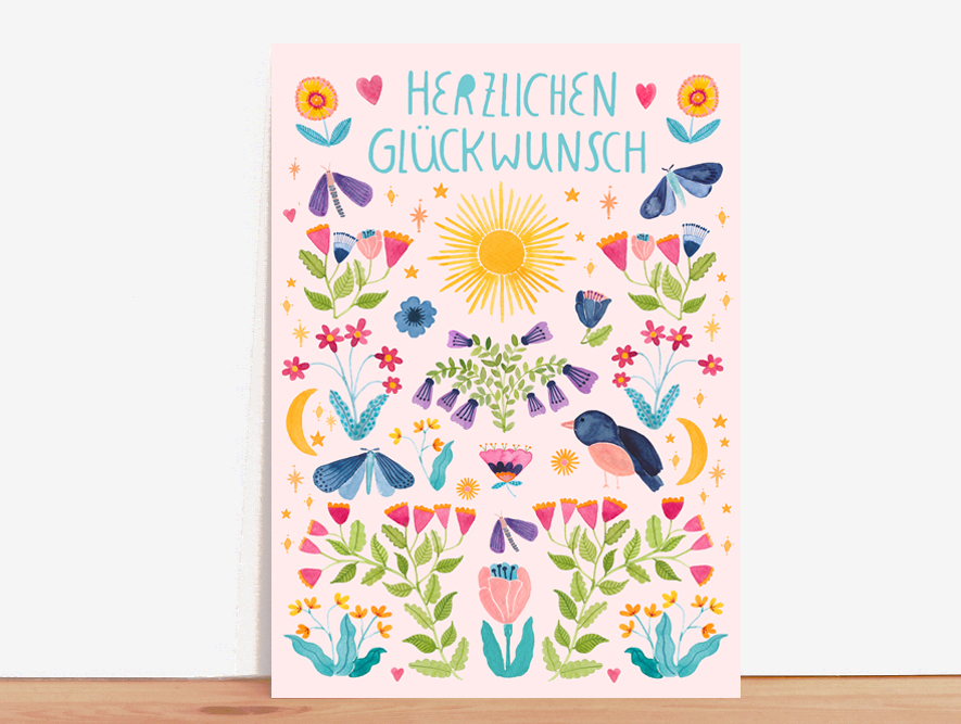 Postkarte "Herzlichen Glückwunsch" (Schmetterlinge & Blumen) - Frau Ottilie