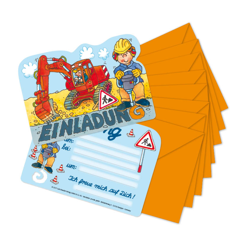Stanzkarte Einladungs-Set Bagger- Baustelle 16-teilig - Lutz Mauder Verlag