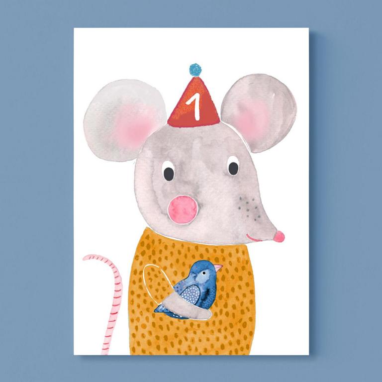 Postkarte "1. Geburtstag" mit  Maus - Frau Ottilie