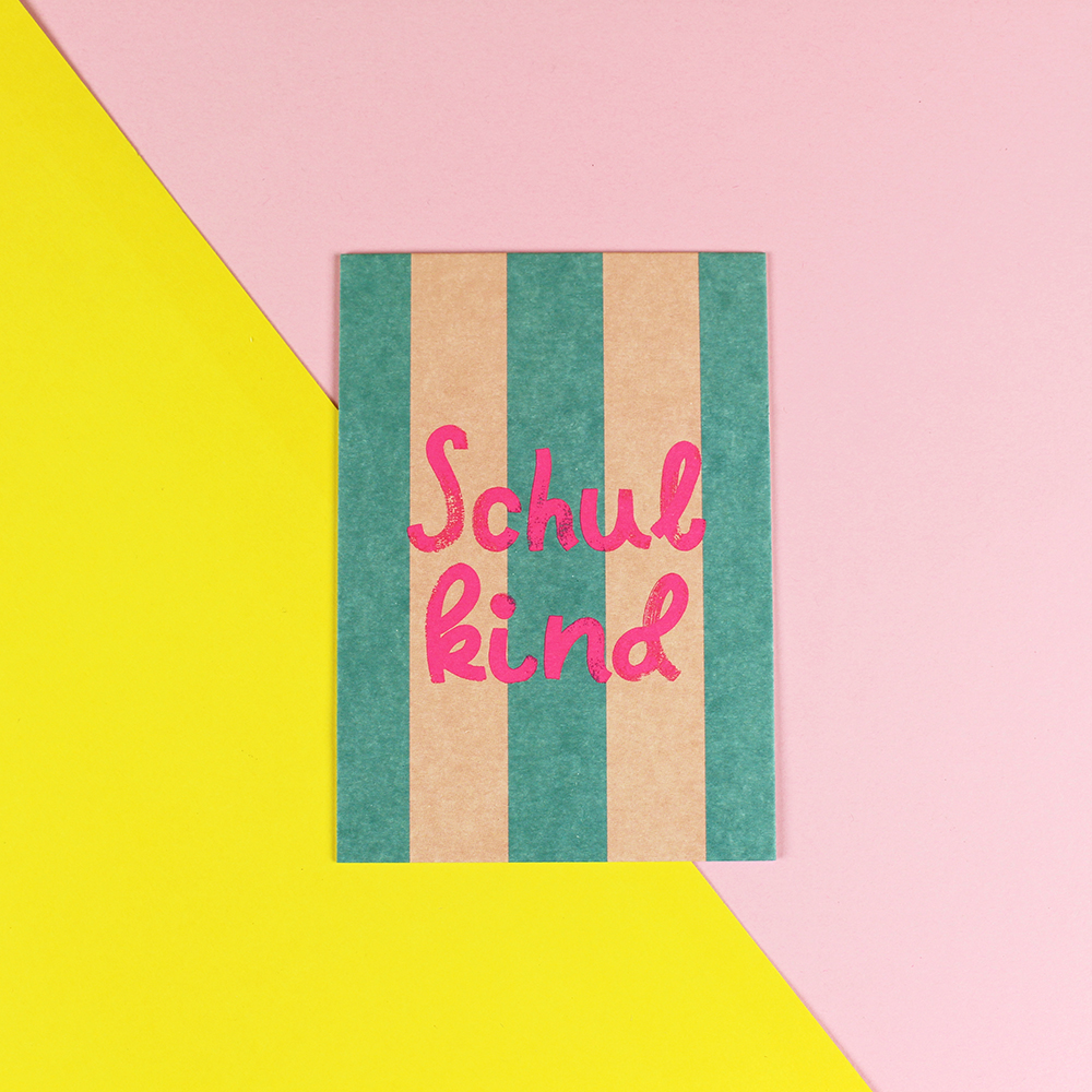 Postkarte Schulkind, petrol/rosa & neon pink - Ava & Yves