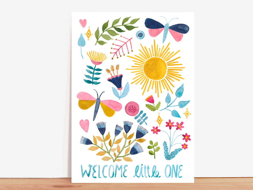 Postkarte "Welcome little one" (Schmetterlinge & Blumen) - Frau Ottilie