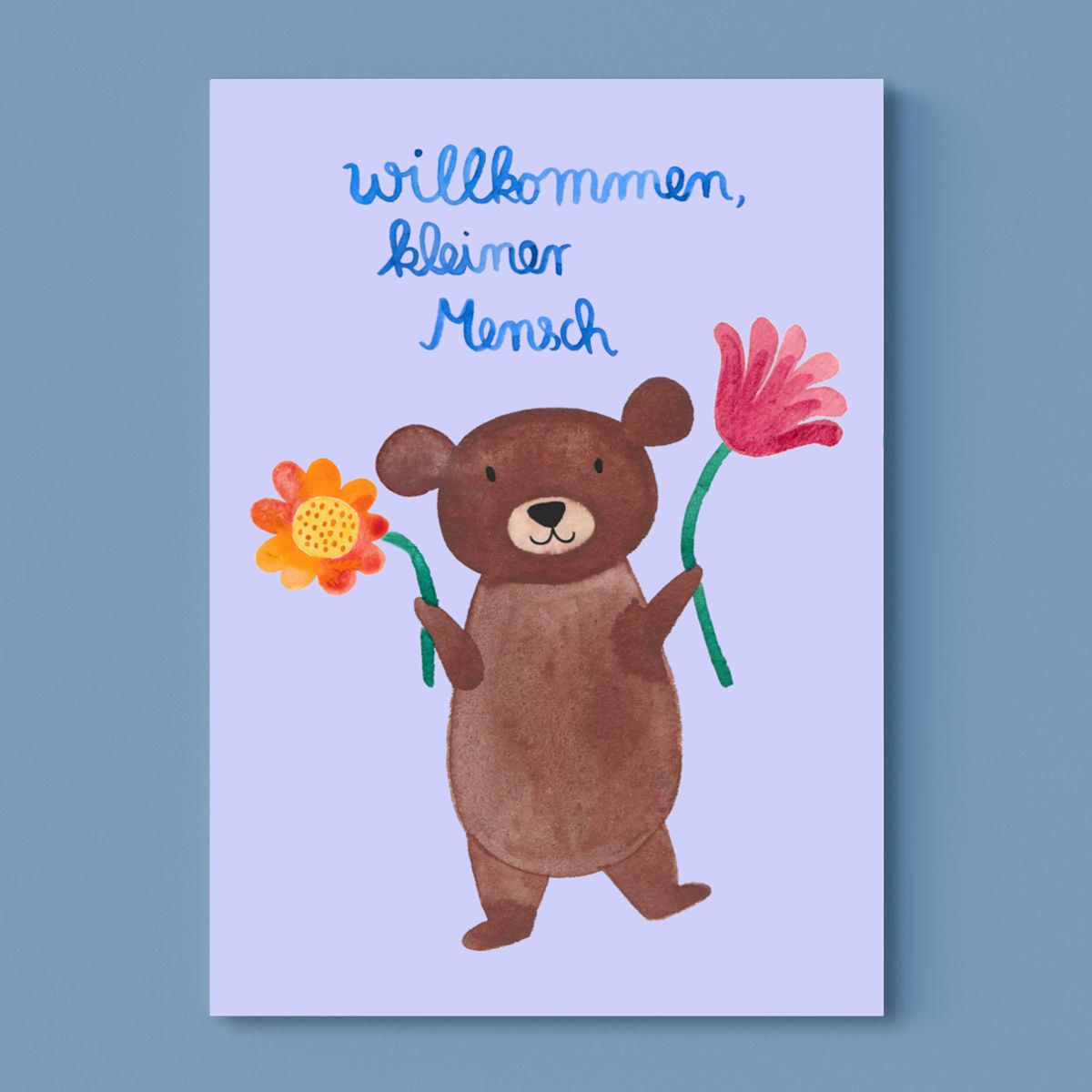 Postkarte zur Geburt "Willkommen kleiner Mensch" mit Teddy - Frau Ottilie