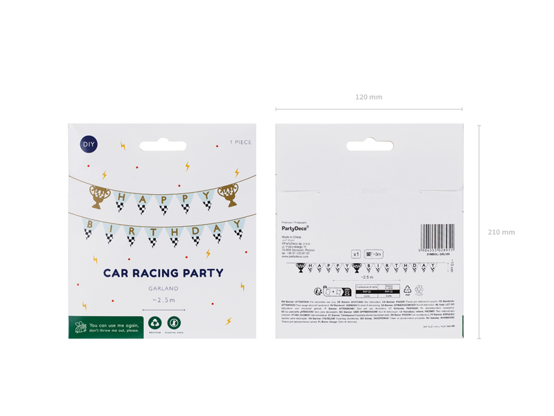 Girlande Pokal "Happy Birthday" für Rennauto-Party - Party Deco