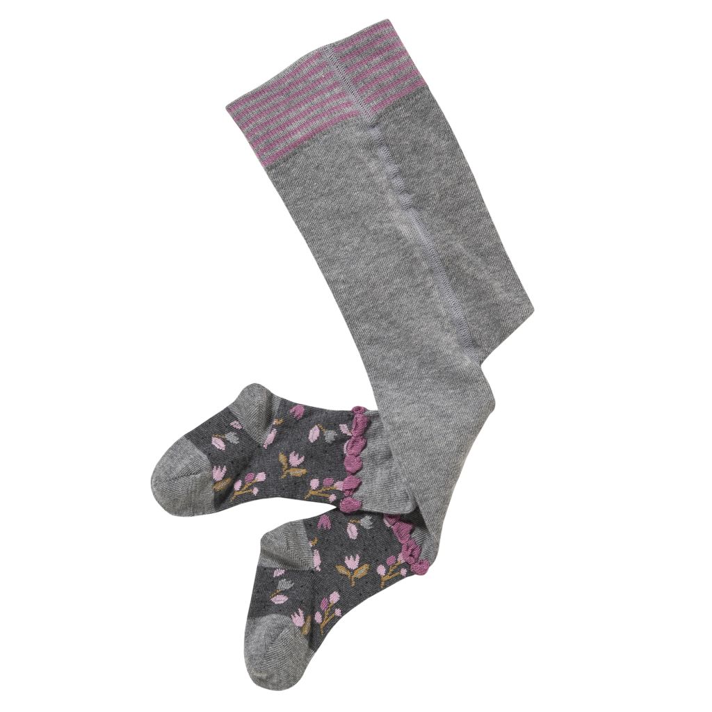 Strumpfhose GOTS grau mit Blumen  68-74