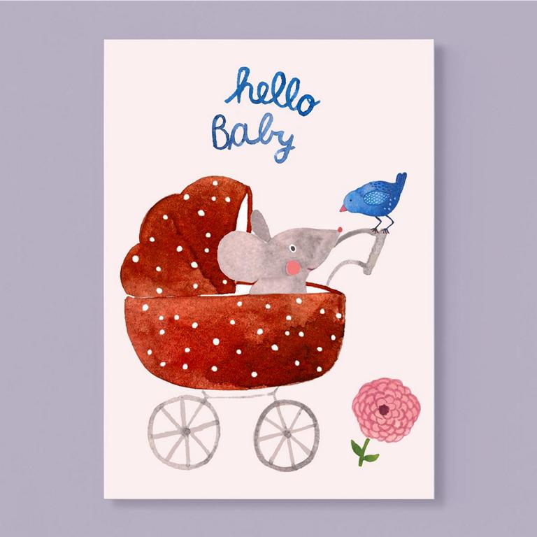 Postkarte "Hello Baby" (Maus in Kinderwagen) - Frau Ottilie