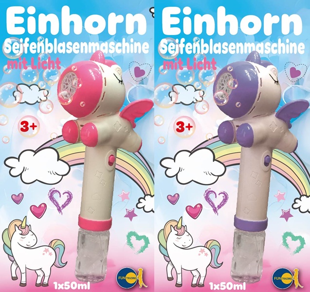 Einhorn Seifenblasenmaschine mit Licht (pink ODER lila) - Fun Trading