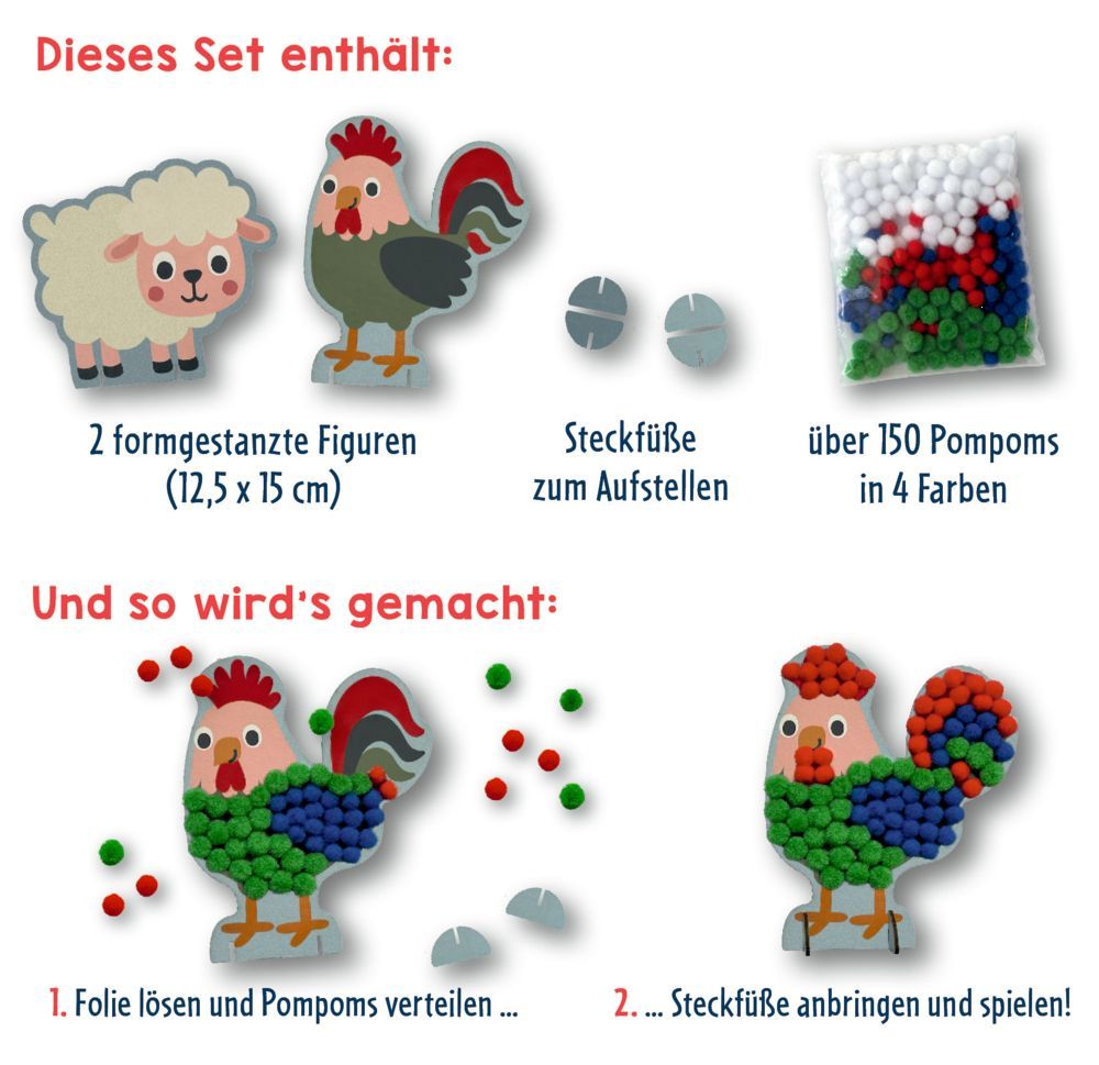 Mein kleines Bastelset: Pompom-Figuren (Schaf/Hahn) - Mini Künstler