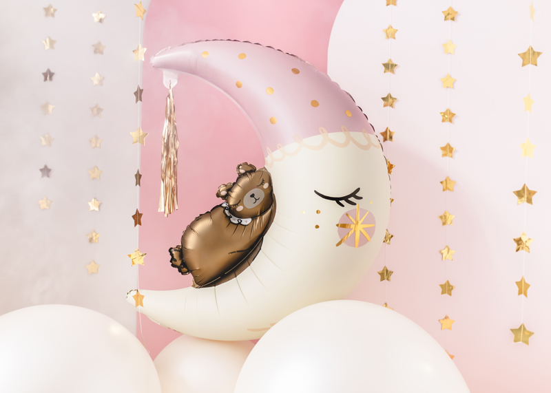 Folienballon Teddybär auf dem Mond rosa, 80x98 cm - Party Deco