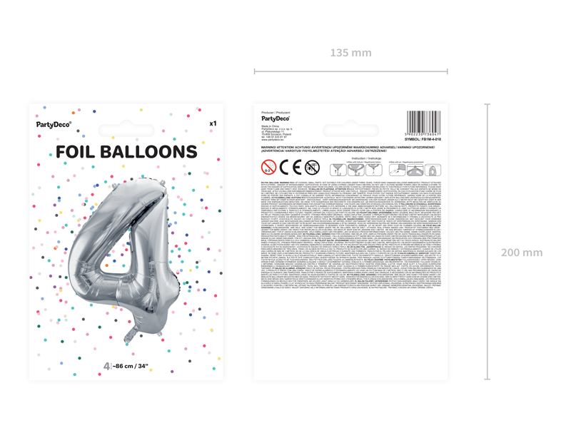 Folienballon Ziffer 4, 86cm, silber - Party Deco
