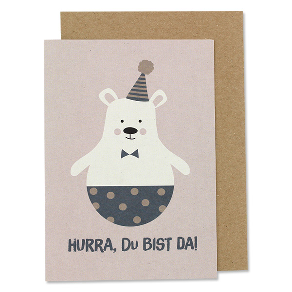 Klappkarte Eisbär mit Hütchen "Hurra, du bist da!" - Ava & Yves