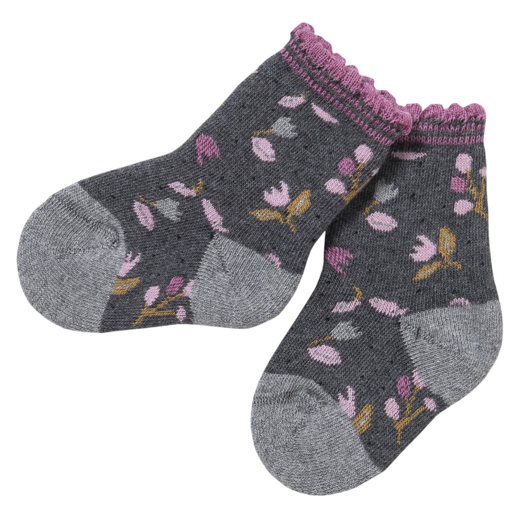 Frottee-Socken GOTS grau Blumen 17-18