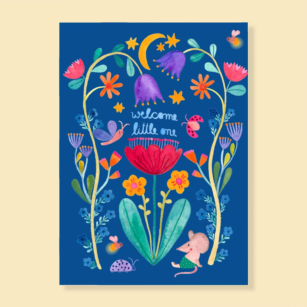 Postkarte "Welcome Little One" (Blumen auf blauem Grund) - Frau Ottilie